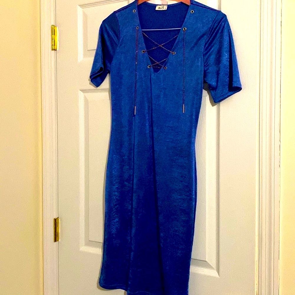 Pretty indigo blue dress with gold chest detail!
